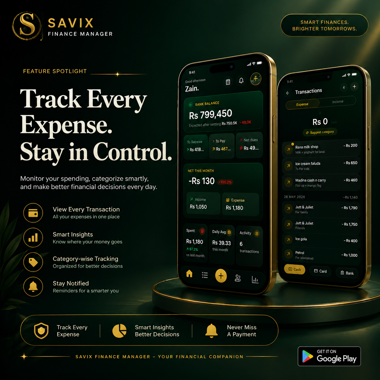 Savix transactions and insights screens shown on two phones