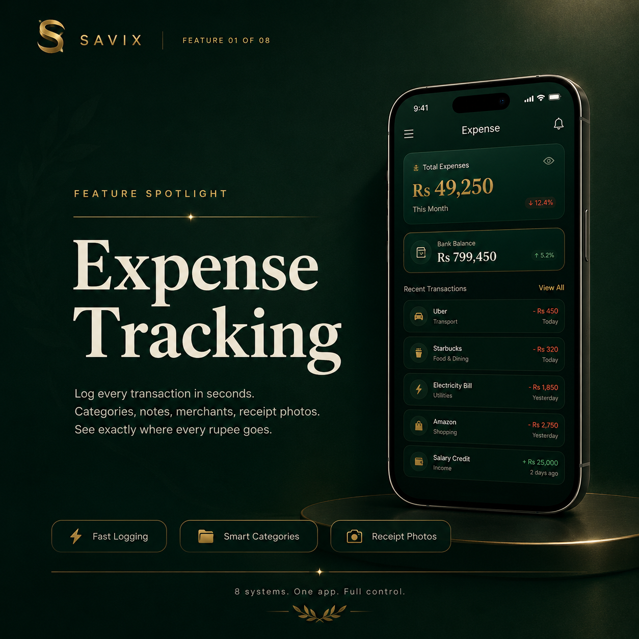 Savix expense tracking screen with recent transactions and totals