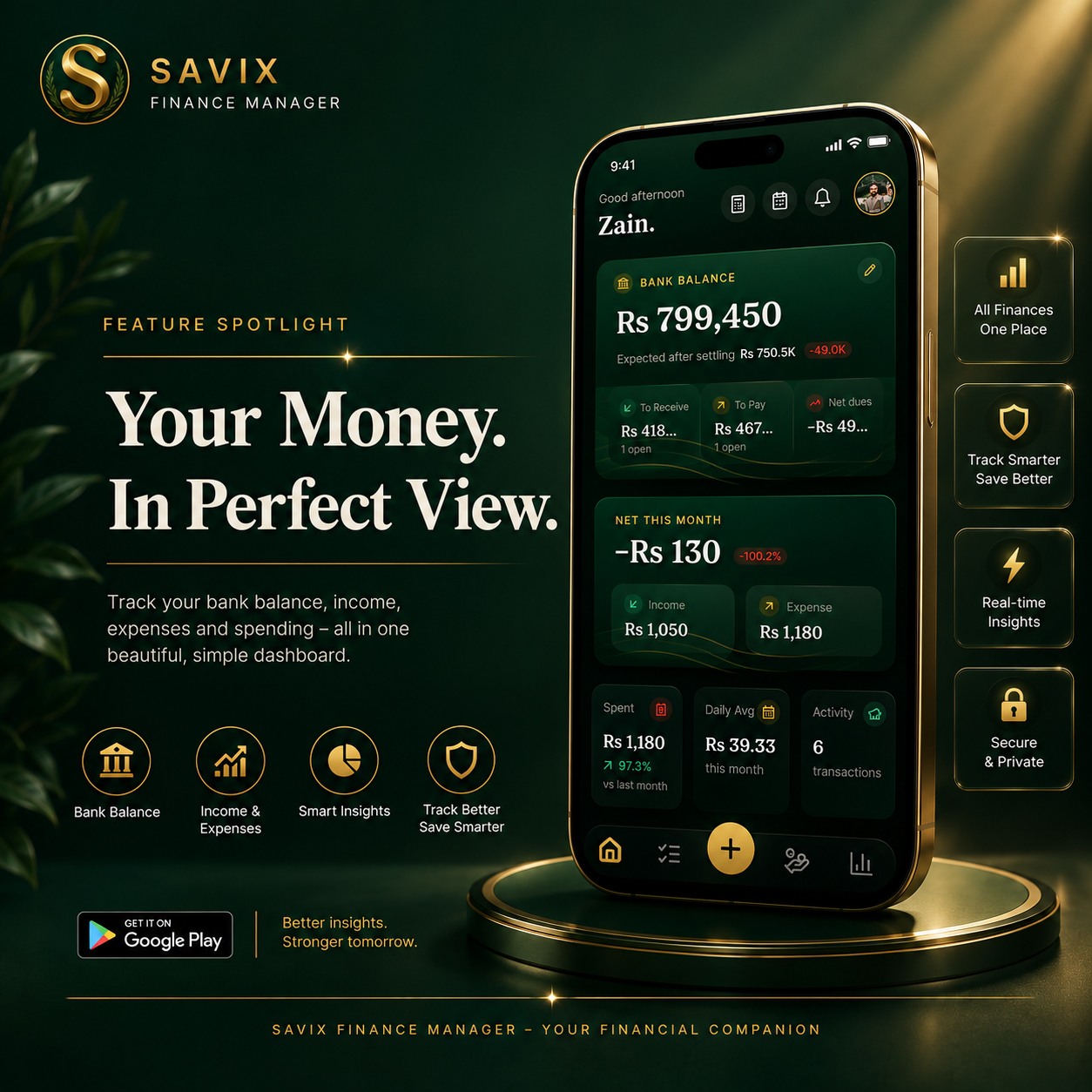Savix dashboard showing bank balance, income, expenses and monthly insights